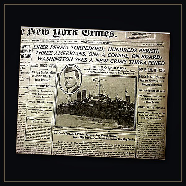 The front page of The New York Times of 2 January 1916 reporting the torpedoing of the liner Persia, a WW1 shipwreck of the P&O liner Persia, the SS Persia.